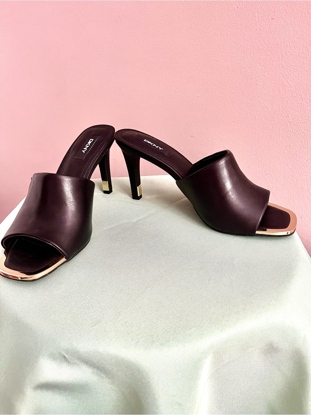 DKNY Black Leather Open-Toe Heeled Mules with Gold Trim